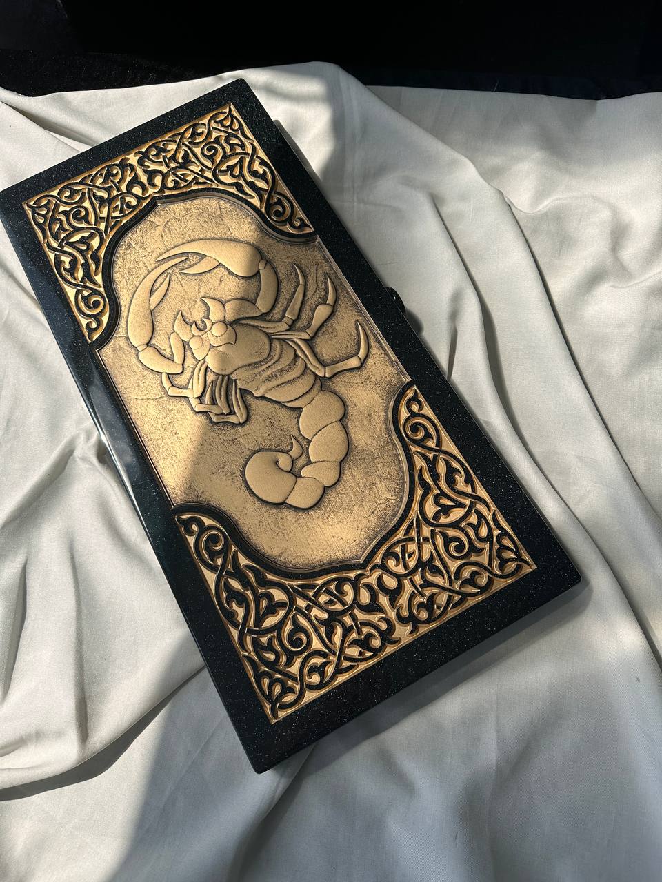 Luxury black acrylic stone backgammon "Golden Scorpion" 58×28cm | Gift-ready Free Worldwide Shipping
