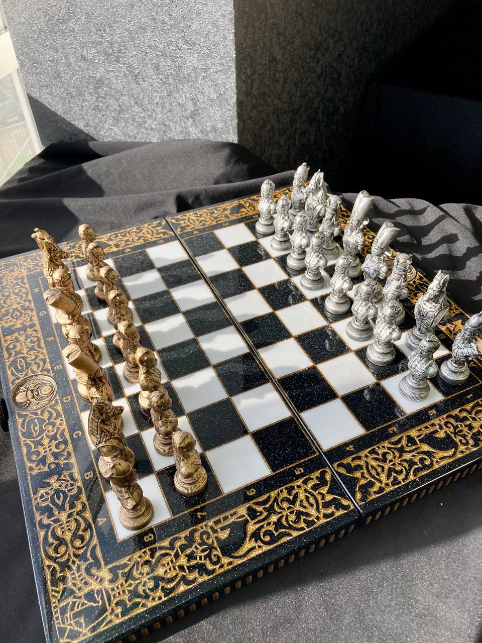 Premium Black Acrylic stone Chess Set with Carved Borders – Includes Pieces | Free global delivery | Gift-ready