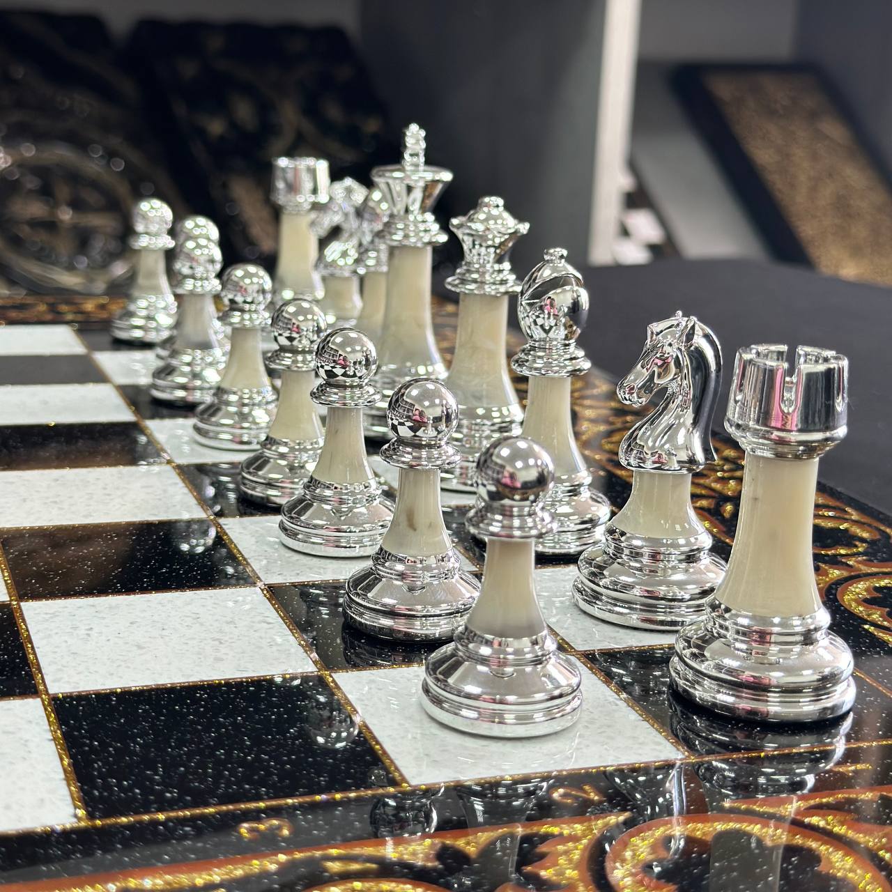 Deluxe Acrylic Stone Chess & Backgammon Set – Gold Carved Design (58×28 cm) | Free Global Delivery | Gift-ready