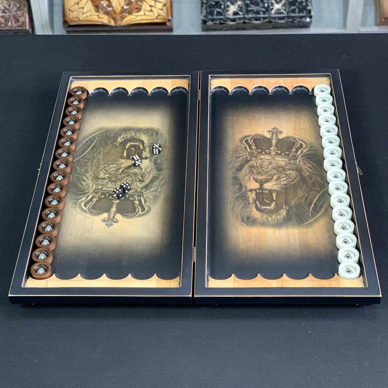 Handcrafted Wooden Backgammon "Lion" with Epoxy Resin Chips – Small, Elegant, Customizable. Gift-ready