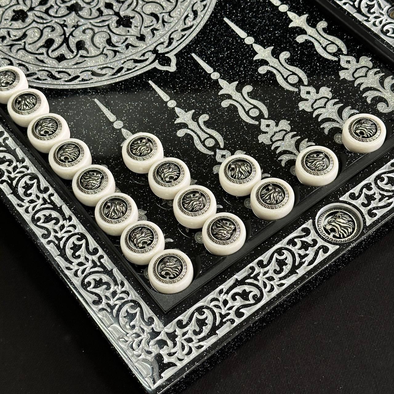 Luxury White&Black Acrylic stone Chess set 3-in-1 Game board. Wooden chess figures. Gift-ready.