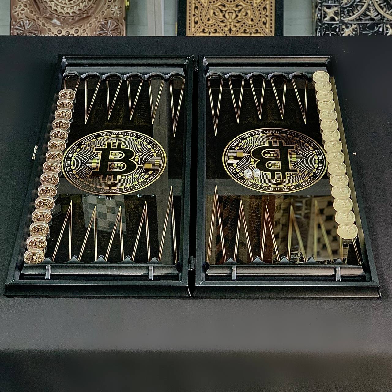 Glass backgammon board "Bitcoin" 61*27cm, Luxury Gift-ready board game set