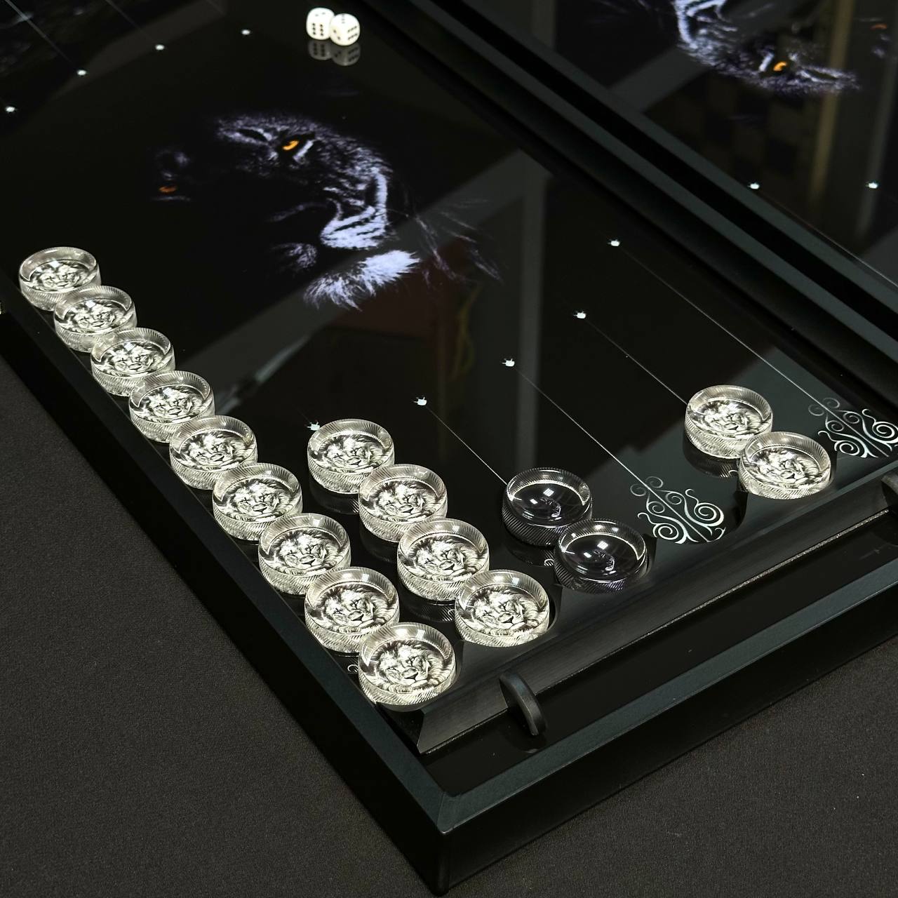 Exquisite Glass Backgammon "Lion" - 61×27 cm, Art. 250002. Customized. Gift-ready