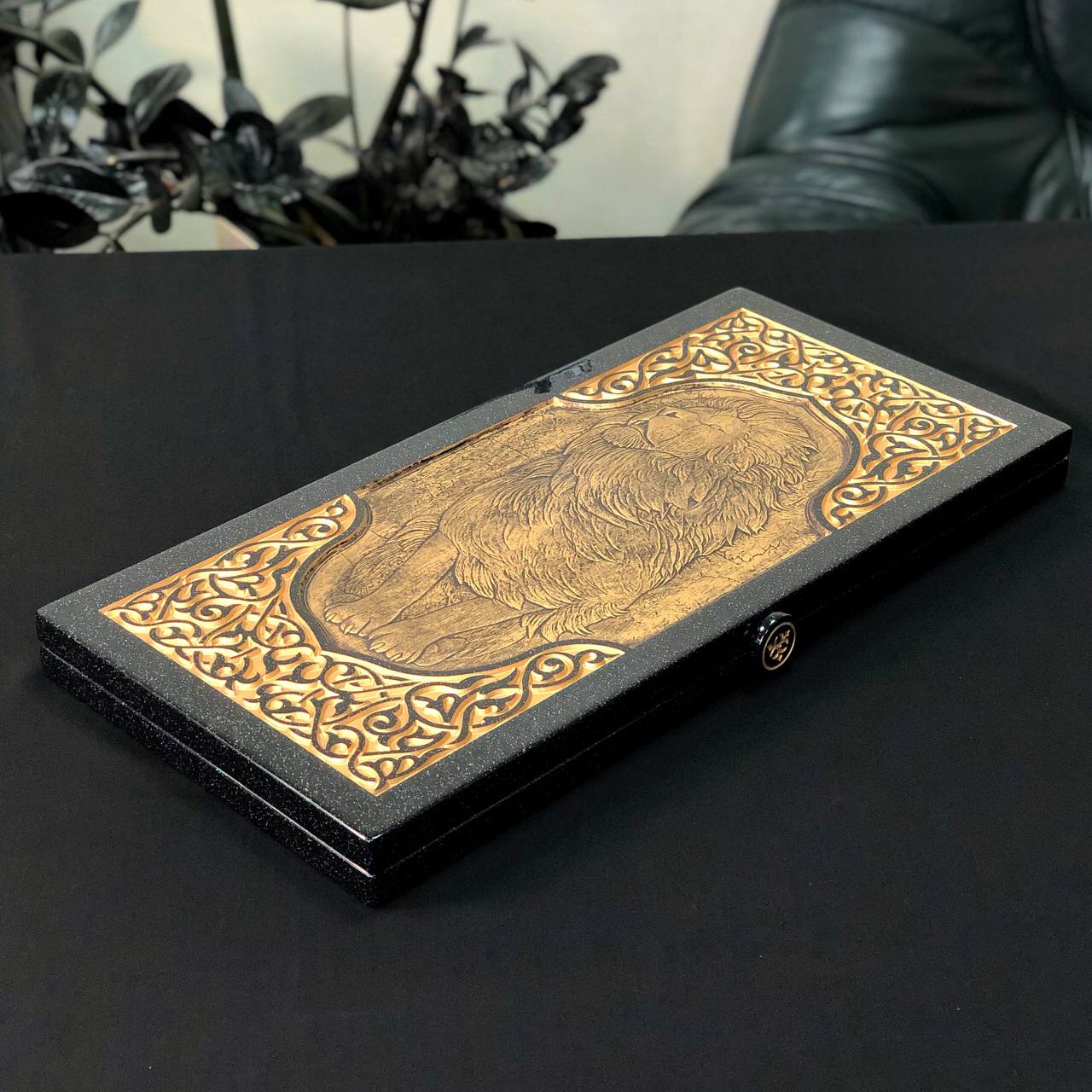 Luxury Black Acrylic Stone Backgammon "Large Gold Lion" 58*28cm, Gift-ready and Customized