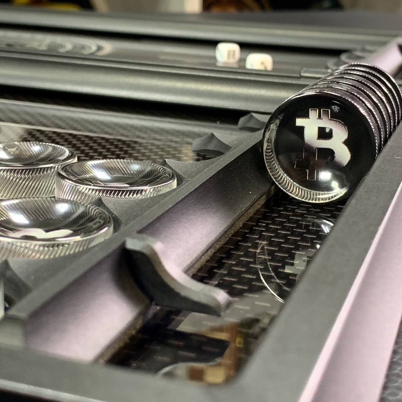 Glass backgammon board "Carbon-Bitcoin" 61*27cm, Luxury Gift-ready board game set