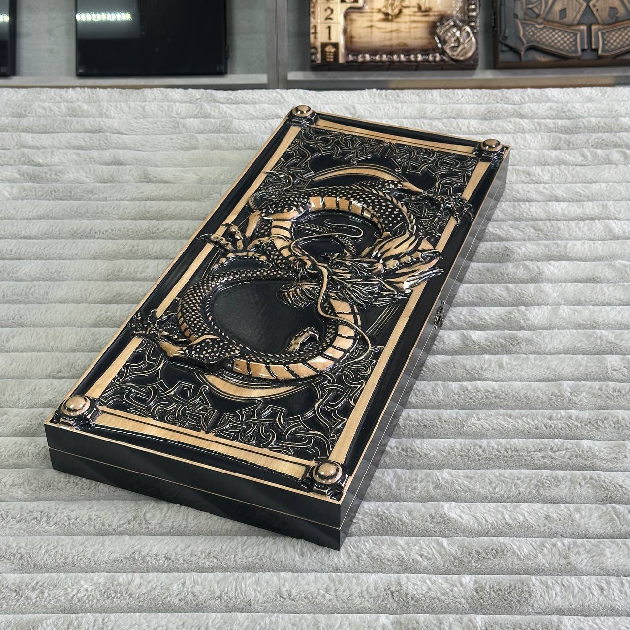 Wooden backgammon board game set "Dragon", travel backgammon 50*23cm. Gift-ready