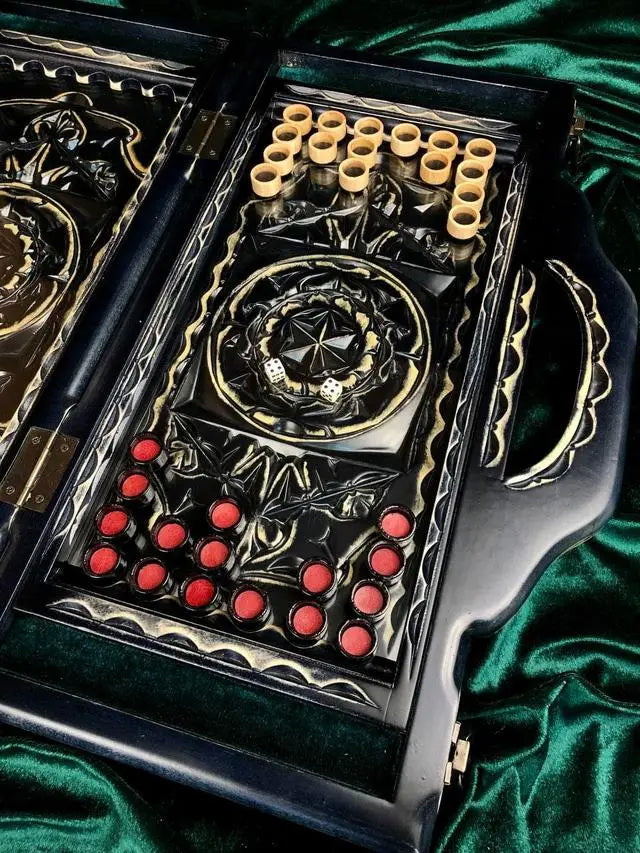 Wooden backgammon with carving under glass, 50×23×8 cm, handmade Gift-ready set
