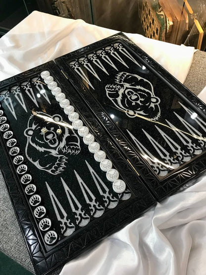 Black acrylic stone backgammon "Silver Bear", bakcgammon set, limited, stone backgammon, gift idea for for the best friend