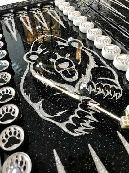 Black acrylic stone backgammon "Silver Bear", bakcgammon set, limited, stone backgammon, gift idea for for the best friend