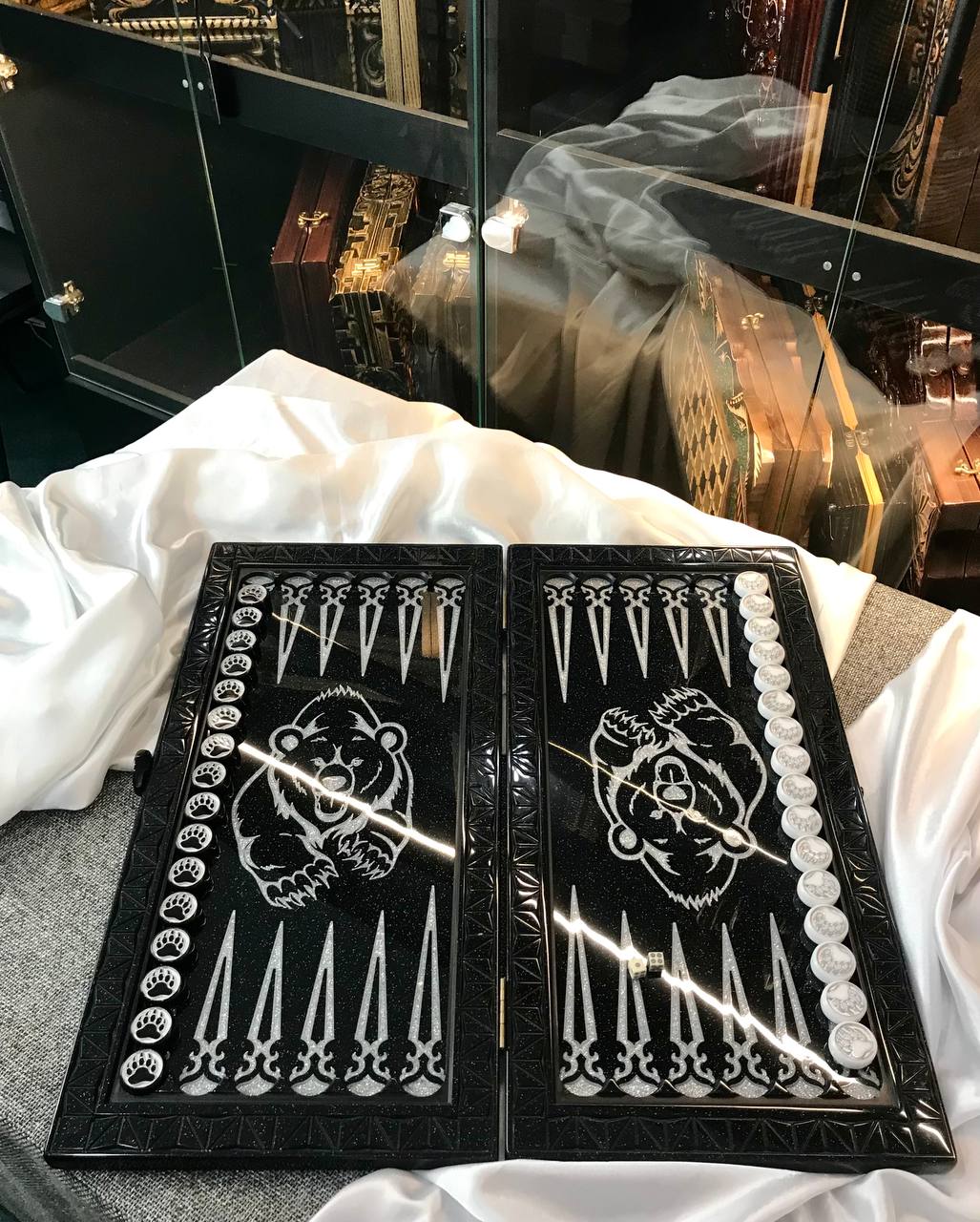 Black acrylic stone backgammon "Silver Bear", bakcgammon set, limited, stone backgammon, gift idea for for the best friend