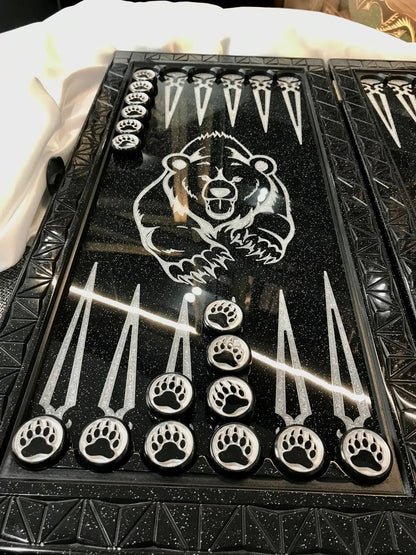 Black acrylic stone backgammon "Silver Bear", bakcgammon set, limited, stone backgammon, gift idea for for the best friend