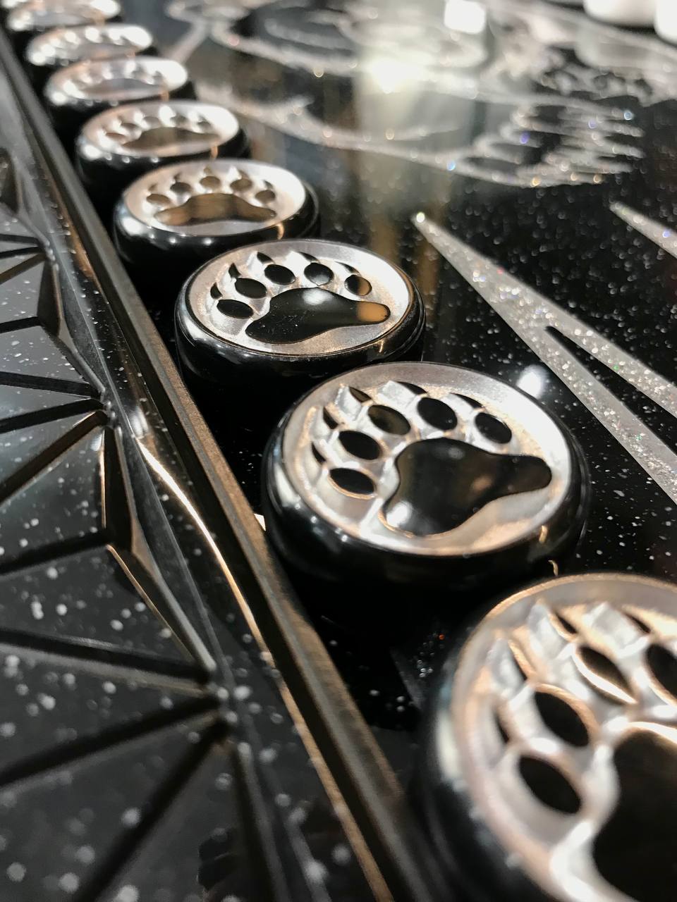 Black acrylic stone backgammon "Silver Bear", bakcgammon set, limited, stone backgammon, gift idea for for the best friend