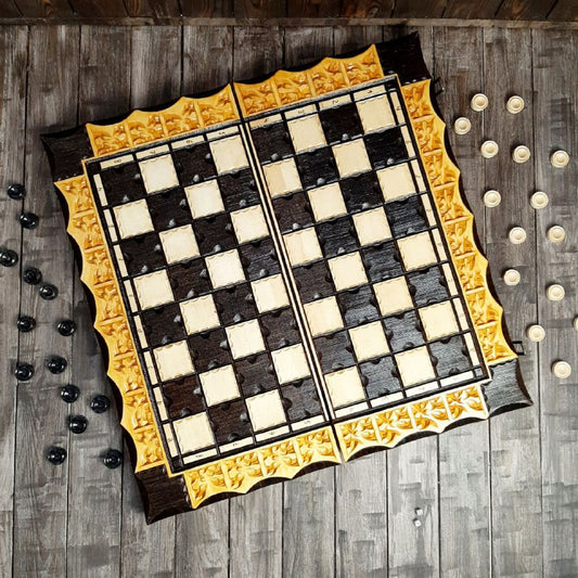 Exclusive handmade wooden chess set, checkers game, backgammon set, game board, carved chess set