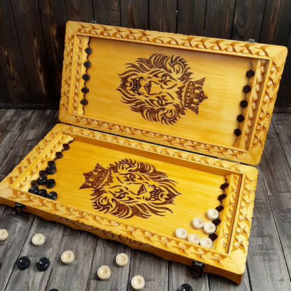 Exclusive handmade wooden chess set, checkers game, backgammon set, game board, carved chess set