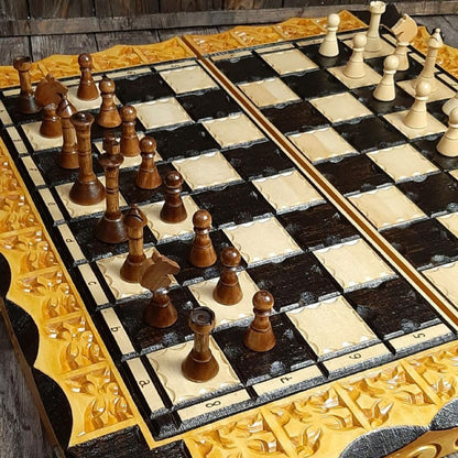 Exclusive handmade wooden chess set, checkers game, backgammon set, game board, carved chess set