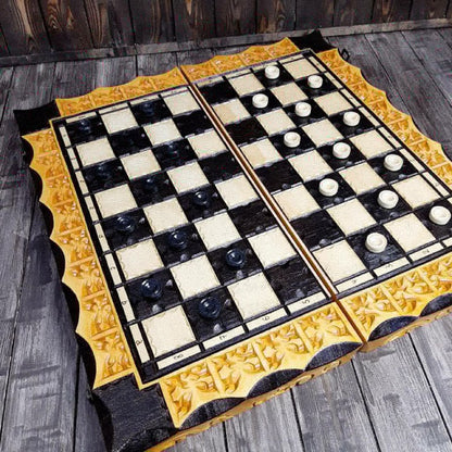 Exclusive handmade wooden chess set, checkers game, backgammon set, game board, carved chess set