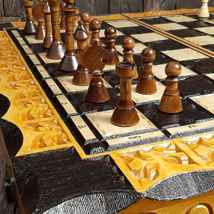 Exclusive handmade wooden chess set, checkers game, backgammon set, game board, carved chess set