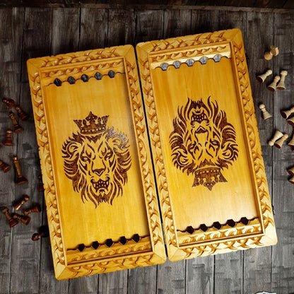 Exclusive handmade wooden chess set, checkers game, backgammon set, game board, carved chess set