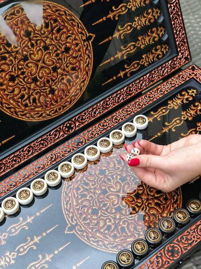 Luxury black acrylic stone backgammon, carved "Carved Gold Lion" on top, game board