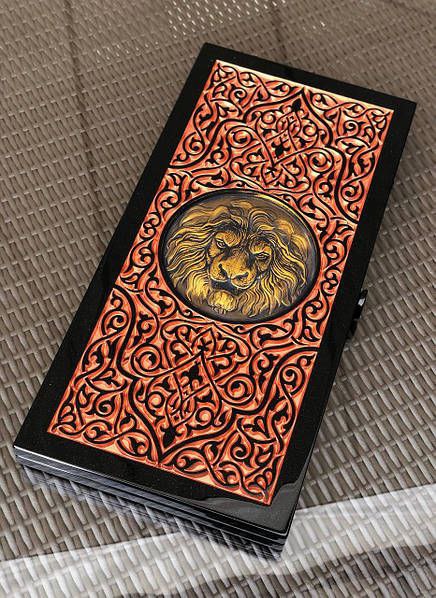 Luxury black acrylic stone backgammon, carved "Carved Gold Lion" on top, game board