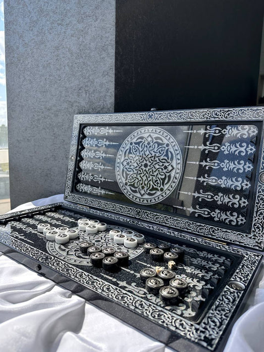 Luxury black acrylic stone backgammon "Silver Wolf" 60*30*5cm, stone backgammon board