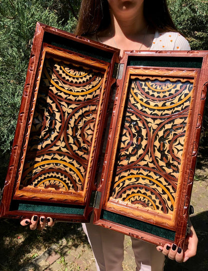 Wooden backgammon with glass board, carved game board