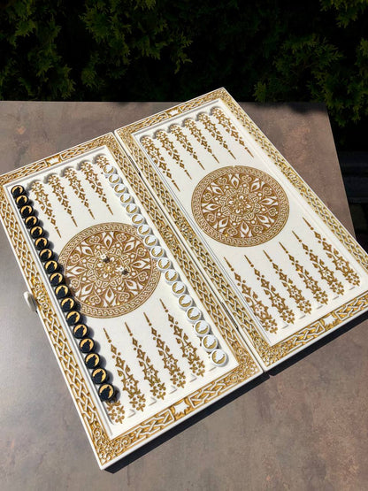 Luxury White Acrylic Stone Backgammon Set – "Wolf" Design – 58×28 cm | Gift-ready | Free Global Delivery