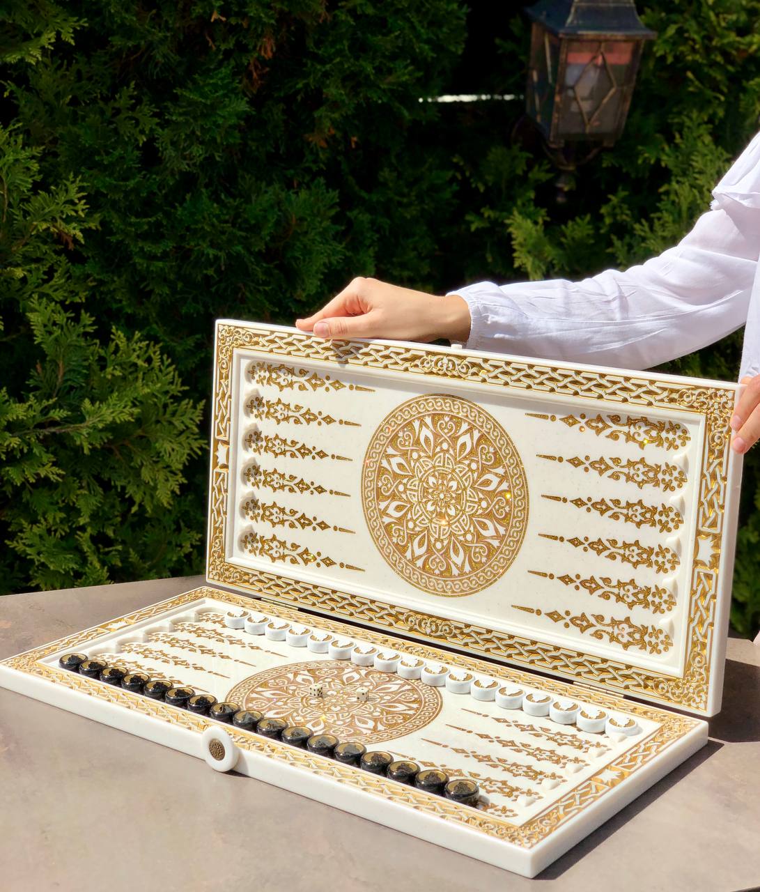 Luxury White Acrylic Stone Backgammon Set – "Wolf" Design – 58×28 cm | Gift-ready | Free Global Delivery