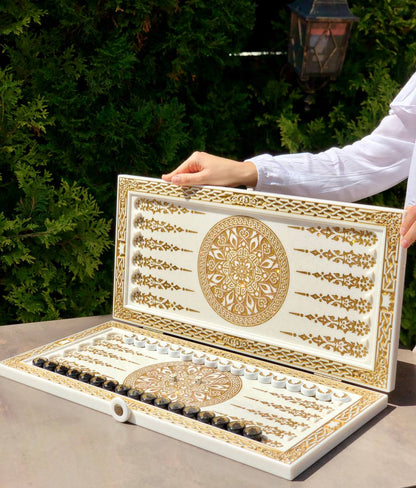 Luxury White Acrylic Stone Backgammon Set – "Wolf" Design – 58×28 cm | Gift-ready | Free Global Delivery