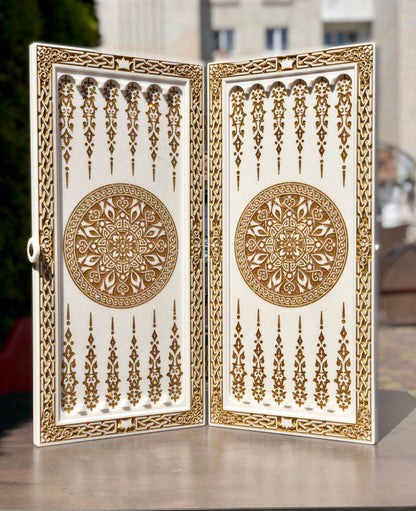 Luxury White Acrylic Stone Backgammon Set – "Wolf" Design – 58×28 cm | Gift-ready | Free Global Delivery