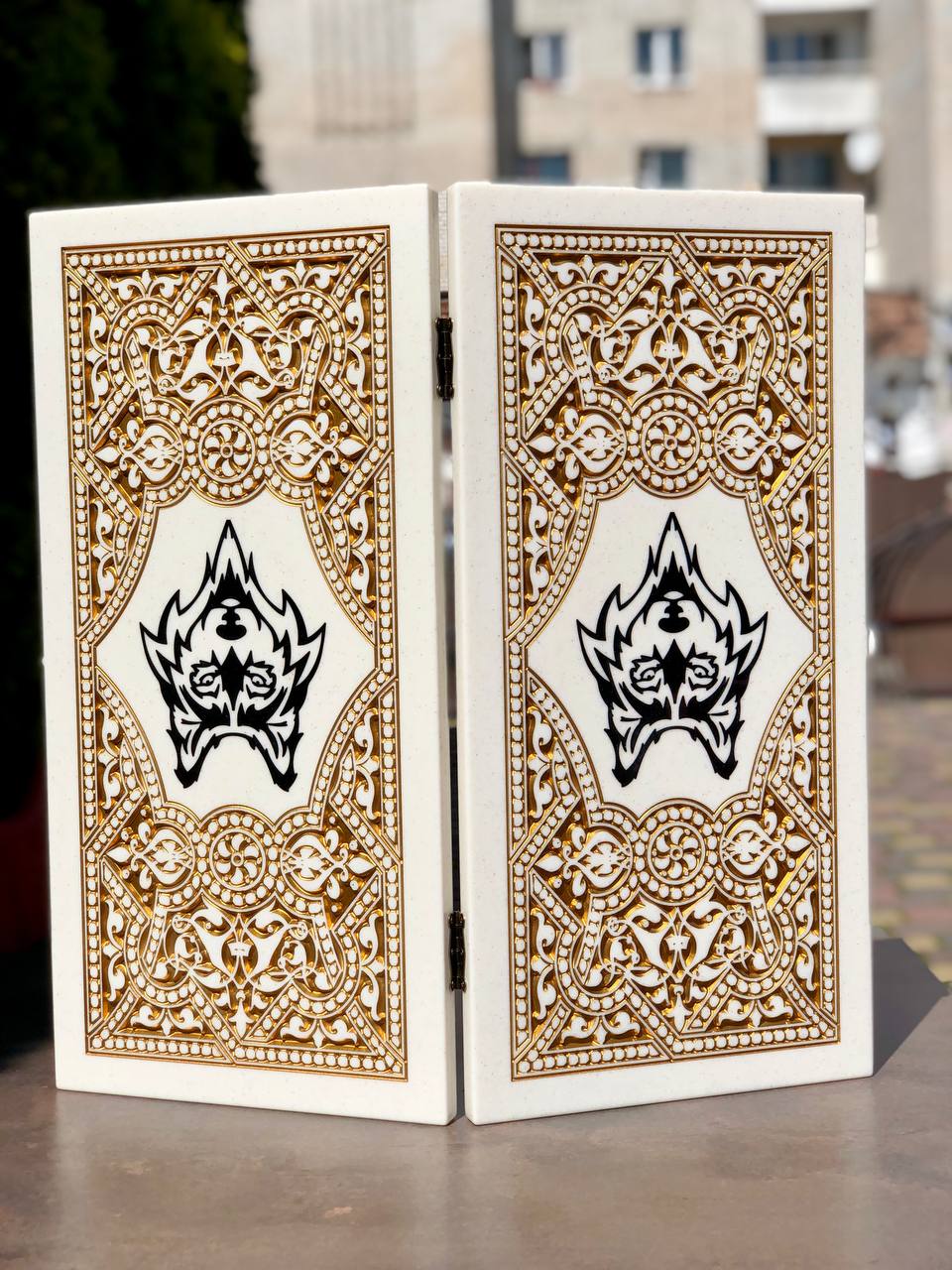 Luxury White Acrylic Stone Backgammon Set – "Wolf" Design – 58×28 cm | Gift-ready | Free Global Delivery