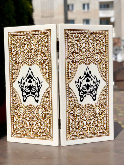 Luxury White Acrylic Stone Backgammon Set – "Wolf" Design – 58×28 cm | Gift-ready | Free Global Delivery
