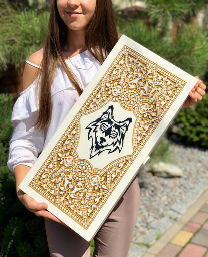 Luxury White Acrylic Stone Backgammon Set – "Wolf" Design – 58×28 cm | Gift-ready | Free Global Delivery