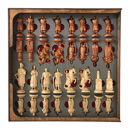 Set of wooden chess pieces, "Medieval Army", stylized wooden chessmen, collectible chess pieces