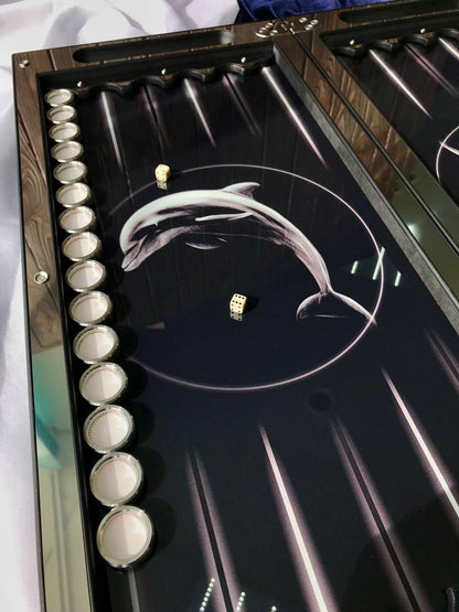 Metal backgammon "Dolphins", 60×30 cm, glass playing area inside