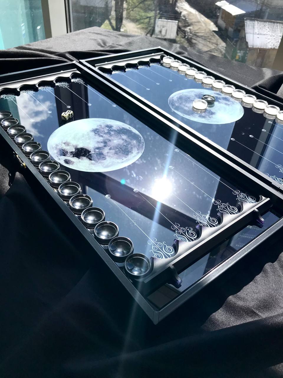 Glass backgammon set, backgammon set, luxury backgammon board, game board