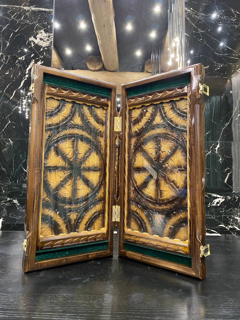 Handmade Wooden Backgammon with Carving Under Glass, 58×28×10 cm, Art. 192308