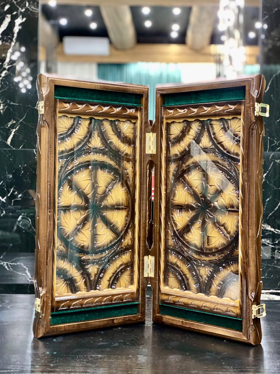 Handmade Wooden Backgammon with Carving Under Glass, 58×28×10 cm, Art. 192308