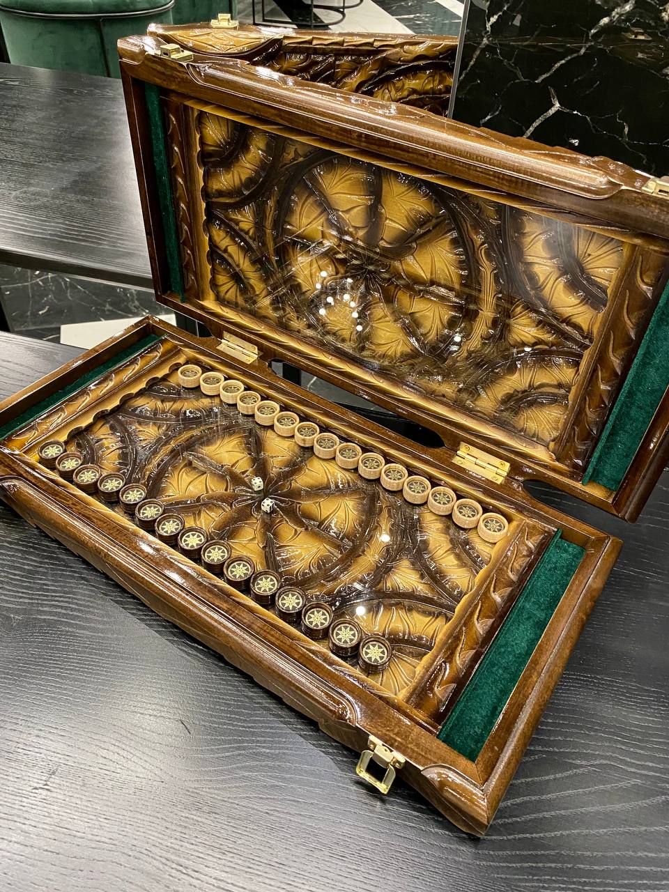 Handmade Wooden Backgammon with Carving Under Glass, 58×28×10 cm, Art. 192308