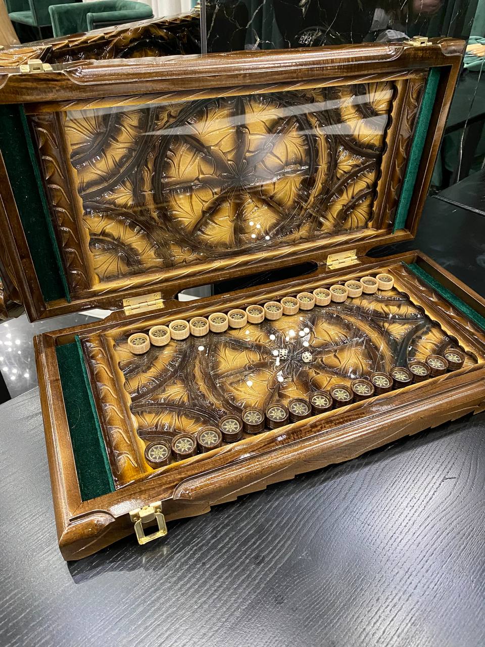 Handmade Wooden Backgammon with Carving Under Glass, 58×28×10 cm, Art. 192308