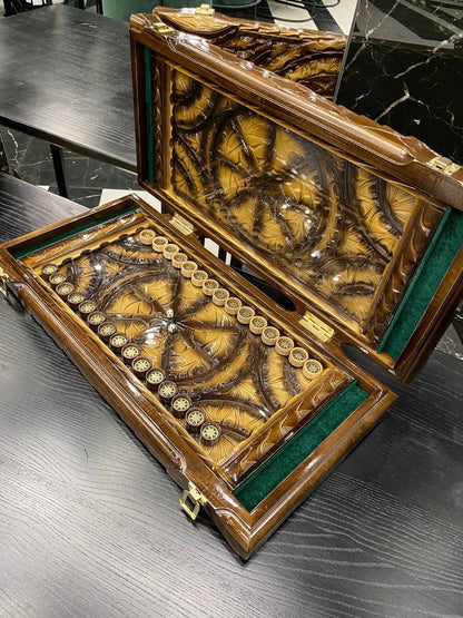 Handmade Wooden Backgammon with Carving Under Glass, 58×28×10 cm, Art. 192308