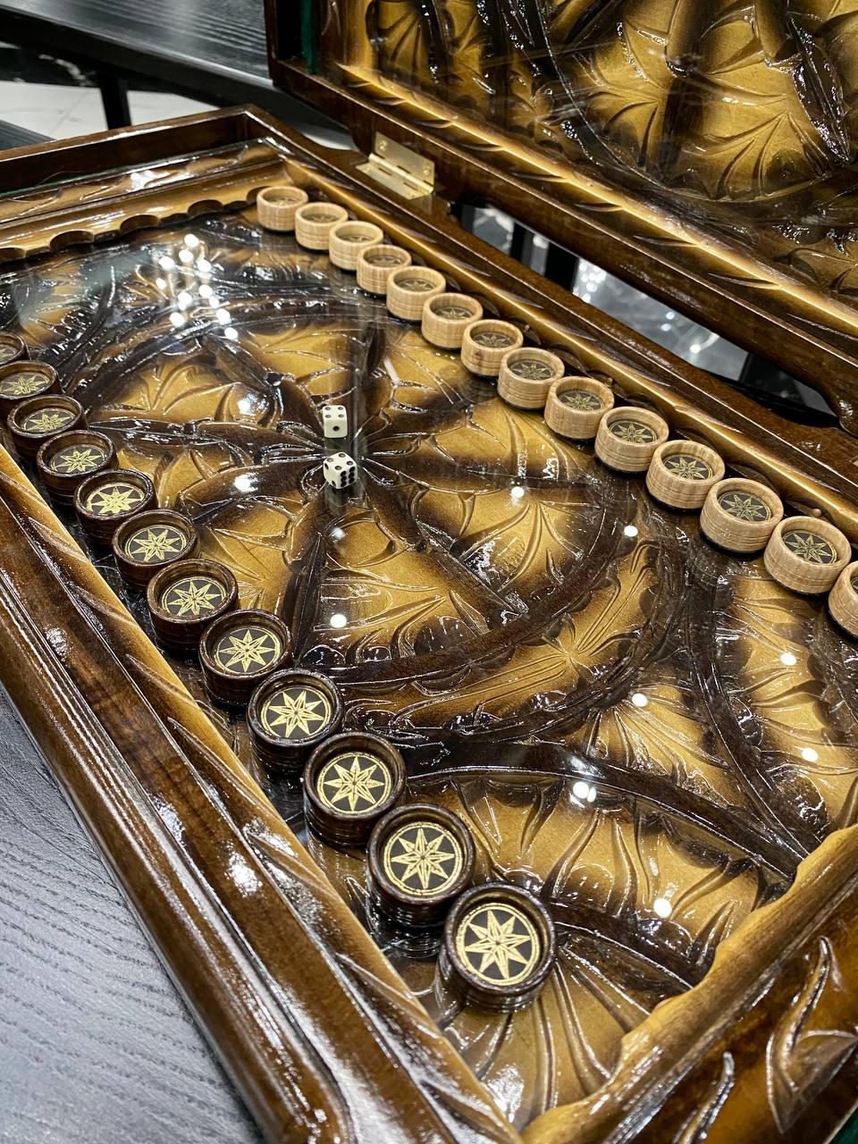 Handmade Wooden Backgammon with Carving Under Glass, 58×28×10 cm, Art. 192308