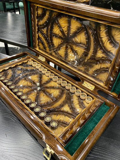 Handmade Wooden Backgammon with Carving Under Glass, 58×28×10 cm, Art. 192308