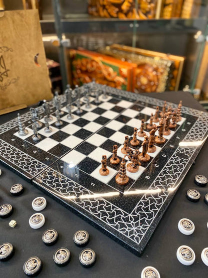 Luxury Black Acrylic Stone Chess and Backgammon Set "Lion" – Exclusive, Original, Customizable