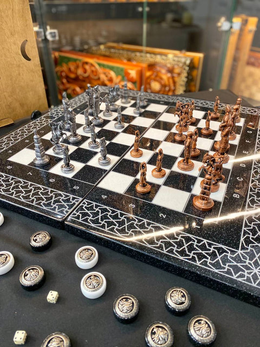 Luxury black acrylic stone chess set, stone chess&backgammon board, checkers board