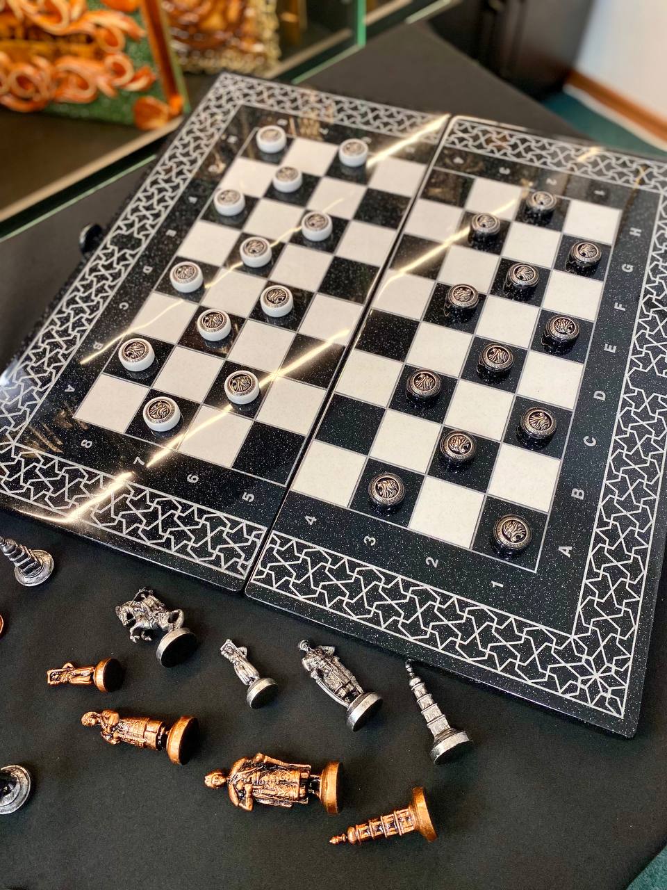 Luxury Black Acrylic Stone Chess and Backgammon Set "Lion" – Exclusive, Original, Customizable