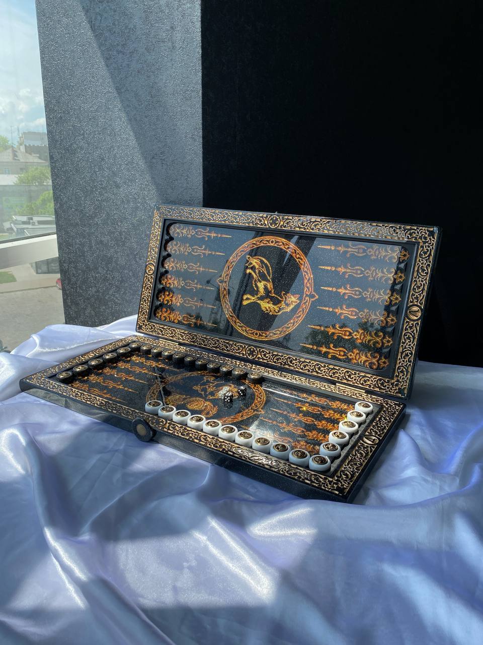 Luxury Black Acrylic Stone Backgammon "Large Gold Lion" 58*28cm, Gift-ready and Customized