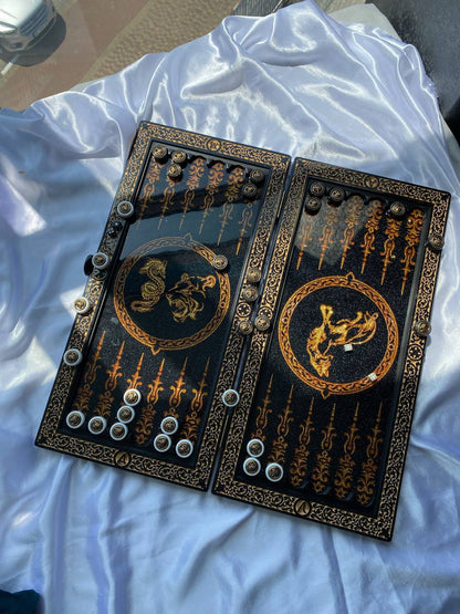 Luxury Black Acrylic Stone Backgammon "Large Gold Lion" 58*28cm, Gift-ready and Customized