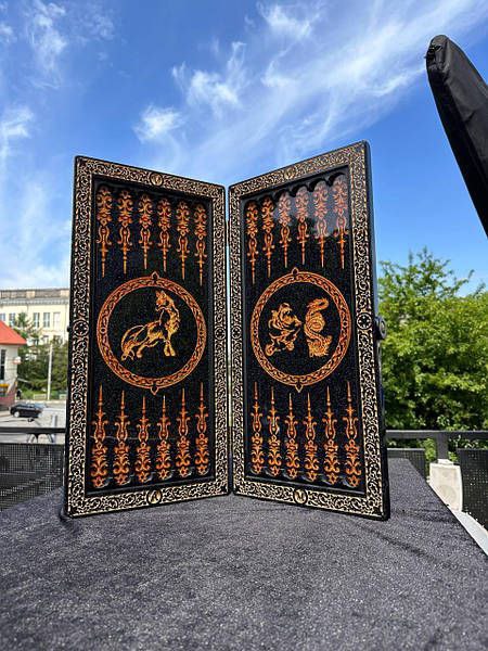 Luxury Black Acrylic Stone Backgammon "Large Gold Lion" 58*28cm, Gift-ready and Customized