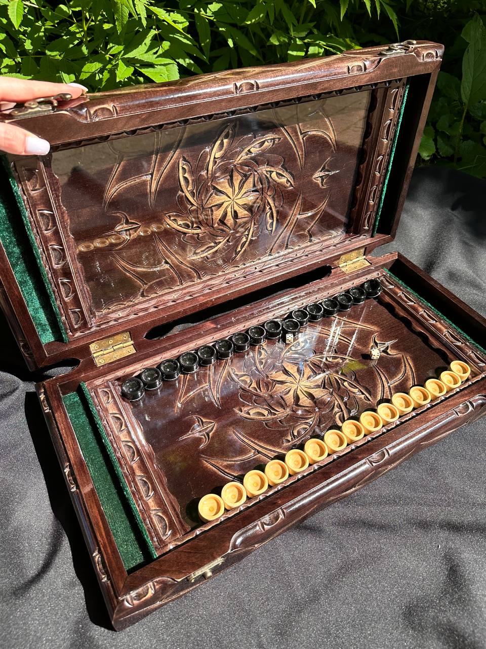 Handmade wooden backgammon with glass board, carved backgammon